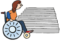 Person im Rollstuhl steht vor einer Treppe