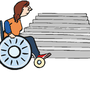 Person im Rollstuhl steht vor einer Treppe